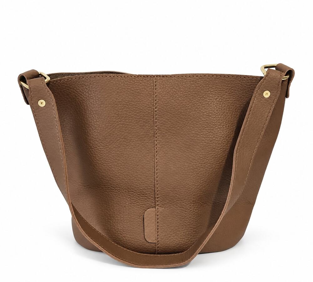 Brown Pebbled Faux Leather Bucket Bag Purse Handbag Gold Tone Hardware
